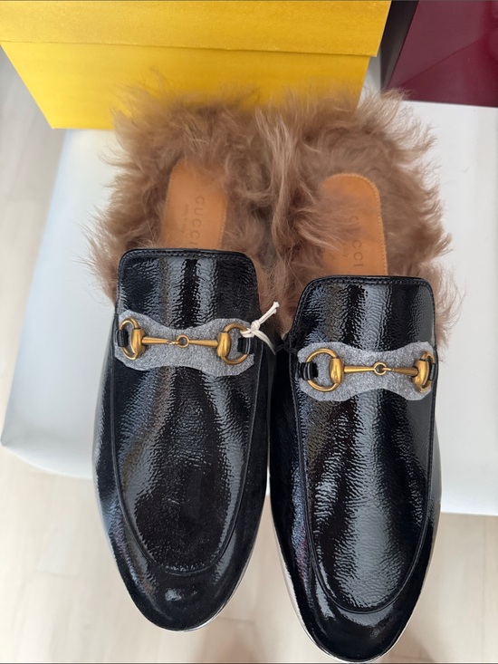 Gucci Shoes - Gucci Black Patent Leather Fur-Lined Horsebit Mules
